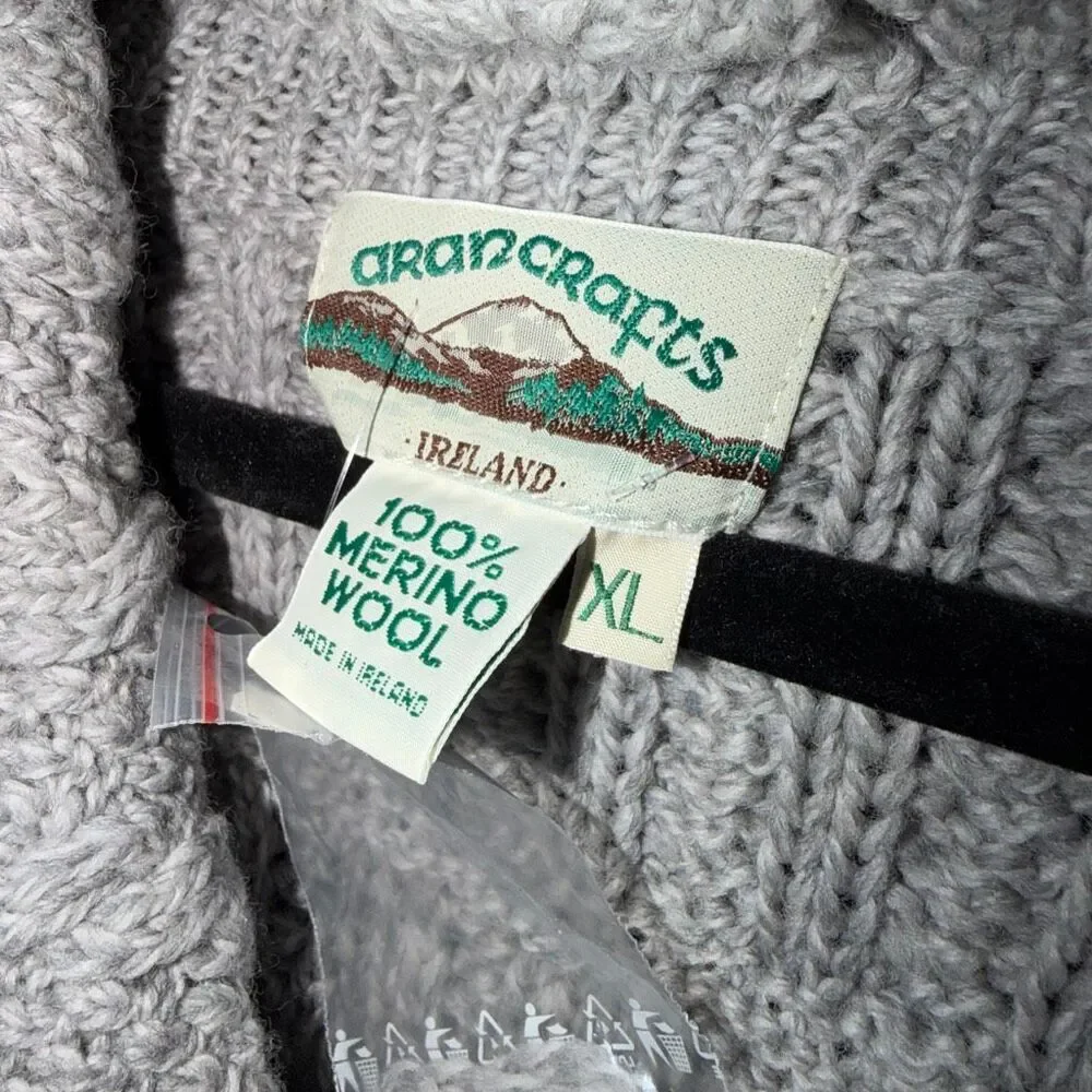 Aran Crafts Women's Merino Wool Cable Knit Full Zip Cardigan Gray XL NWOT